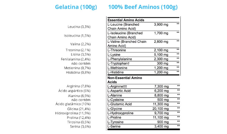 aminograma da gelatina e do 100% beef aminos
